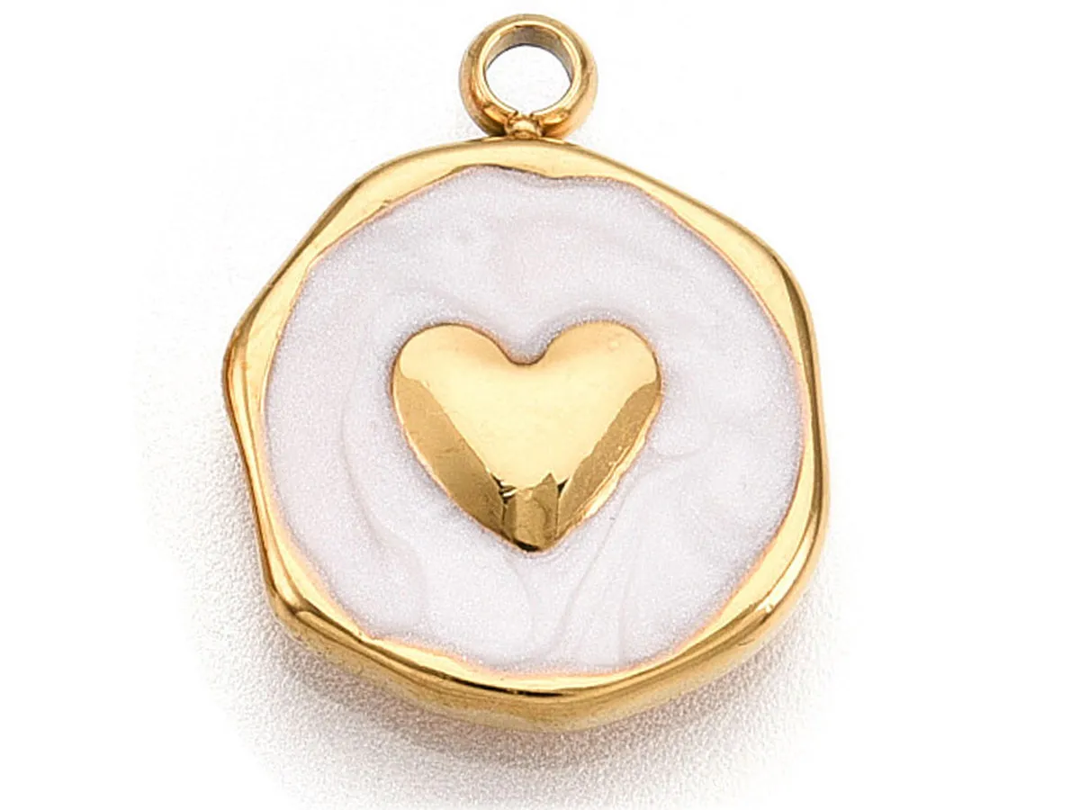 La Petite Epicerie hart hanger wit emaille goud 16 mm per stuk