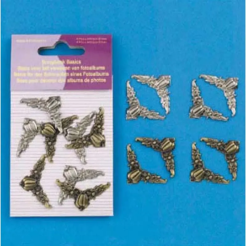 Scrapbook hoekjes metaal 8 stuks antiek messing zilver