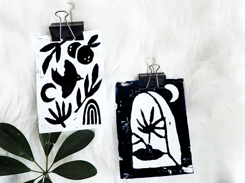 La Petite Epicerie MKMI kaarten linogravure DIY set 4 stuks